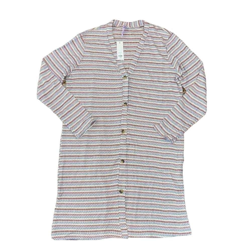 NWT Francesca's Collections White Waffle Knit Striped Tunic Cardigan -SIZE LARGE